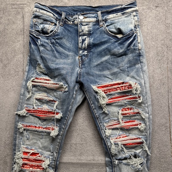 Amiri Womens Thrasher Bandana Jeans Size 32 Ripped Raw Hem‎ Punk Moto Fit Y2k - Picture 3 of 13